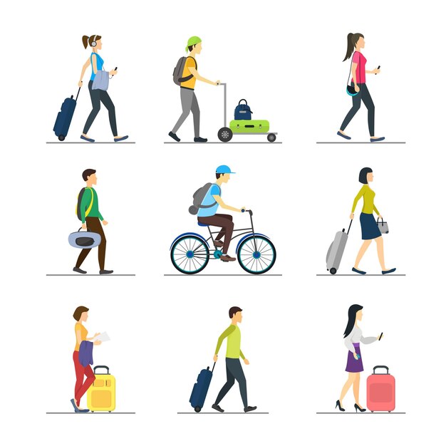 caricatura, gente, viajar, conjunto, vector