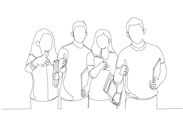 Caricatura de un grupo de amigos sonriendo con el pulgar hacia arriba que denota éxito Estilo de arte de una línea