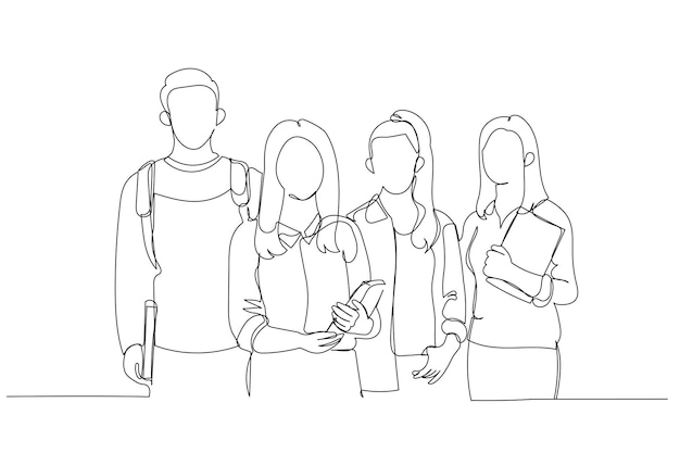 Caricatura de un grupo de estudiantes con libros con mochila mirando a la cámara Estilo de arte de una línea