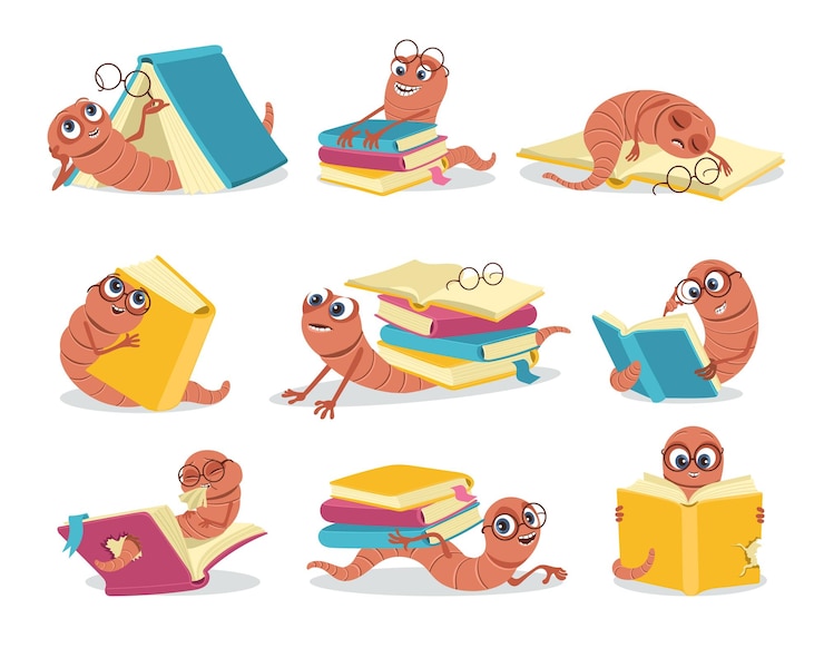 Vector caricatura gusano de libro divertido pequeña oruga inteligente personaje bien leído insecto lindo con gafas pilas de libros de texto insecto que se arrastra aprende mascota de biblioteca y librería espléndido conjunto de poses de gusano de libro vectorial