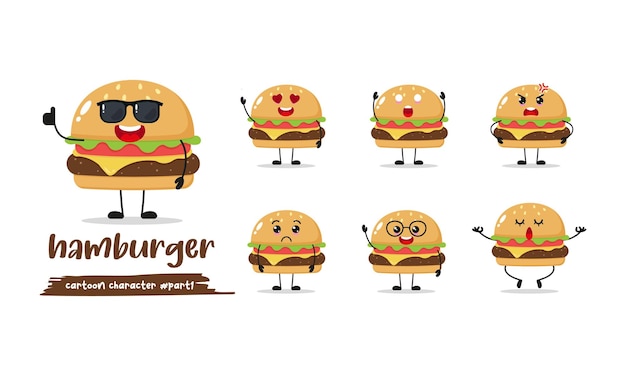 caricatura de hamburguesa linda use gafas de sol con muchas expresiones hamburguesa con queso pose de actividad diferente