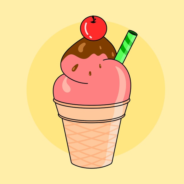 Una caricatura de un helado de fresa con una cereza encima.