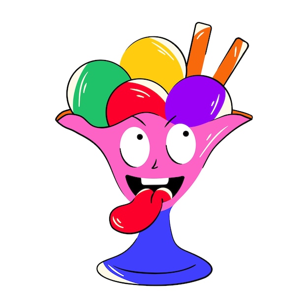 Vector una caricatura de un helado rosa con la cara y la lengua saliendo.