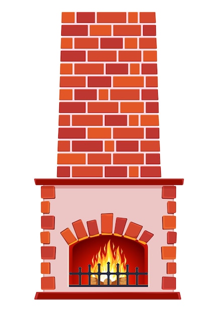 caricatura hoguera interior de invierno chimenea clásica hecha de ladrillos rojos llama ardiente brillante y troncos ardientes en el interior chimenea doméstica para la comodidad y la relajación ilustración vectorial en estilo plano