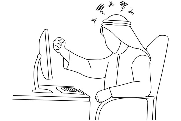 Caricatura de hombre árabe trabajando en la oficina Arte de línea continua