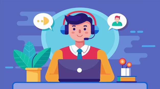 una caricatura de un hombre con auriculares y una computadora portátil con un hombre usando auriculares