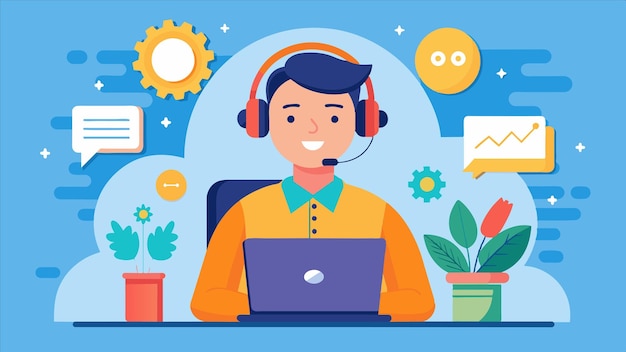 una caricatura de un hombre con auriculares y una computadora portátil