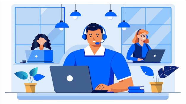 una caricatura de un hombre con una camisa azul y auriculares con un micrófono delante de él