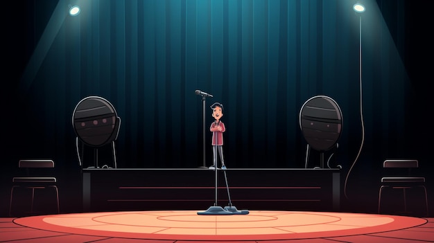Vector una caricatura de un hombre cantando en un escenario con dos micrófonos