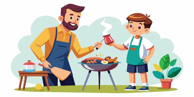 una caricatura de un hombre cocinando comida con un hombre cocinado en una parrilla