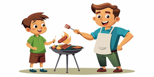 una caricatura de un hombre cocinando comida con un niño cocinando en una parrilla