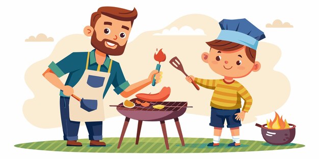 una caricatura de un hombre cocinando comida con un niño cocinando en una parrilla