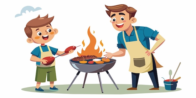 una caricatura de un hombre cocinando sobre un fuego con un niño cocinando en él