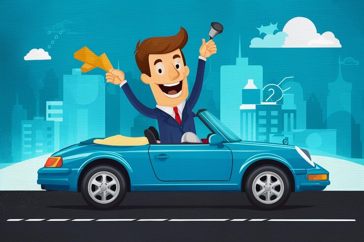 Vector una caricatura de un hombre conduciendo un coche con un micrófono en la mano