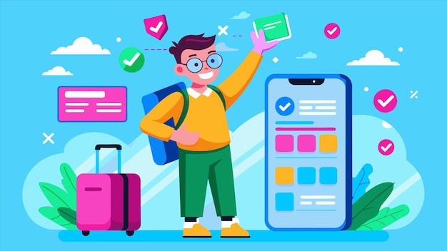 una caricatura de un hombre con gafas y una mochila con la palabra ok en ella