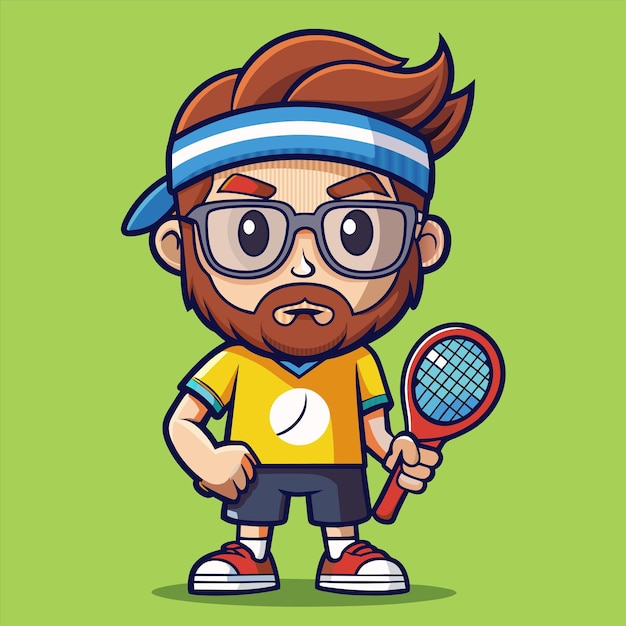 una caricatura de un hombre con gafas y una raqueta de tenis