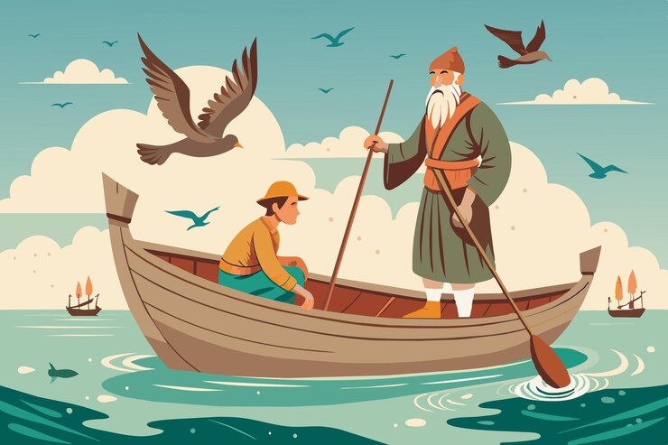 Vector una caricatura de un hombre y un hombre en un barco con un pájaro volando en el fondo