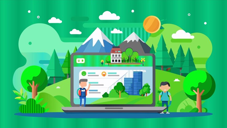 Vector una caricatura de un hombre y un hombre mirando una computadora portátil con montañas en el fondo