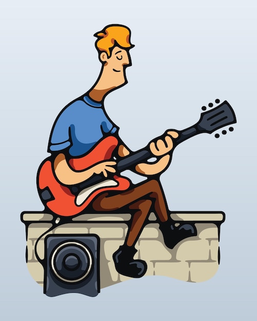 Vector caricatura, hombre, juego, guitarra eléctrica, ilustración