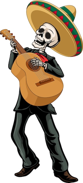 Caricatura de un hombre mexicano tocando la guitarra y cantando con un disfraz de máscara