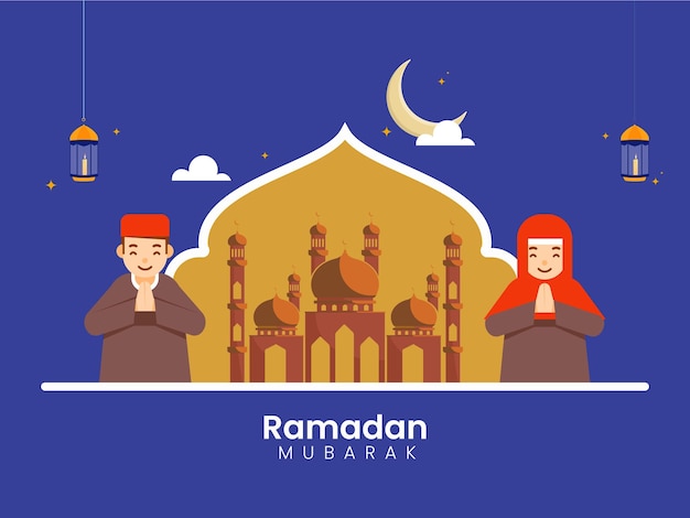 Vector caricatura de un hombre y una mujer musulmanes haciendo namaste en frente de la mezquita decorando linternas con ocasión del ramadán mubarak