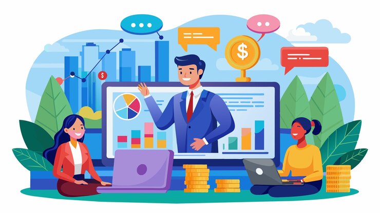 Vector una caricatura de un hombre y una mujer trabajando con una computadora portátil con un gráfico que muestra los datos financieros financieros