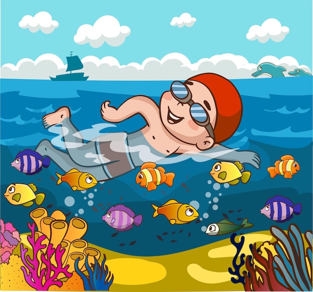 Una caricatura de un hombre nadando en el océano con peces en el fondo.