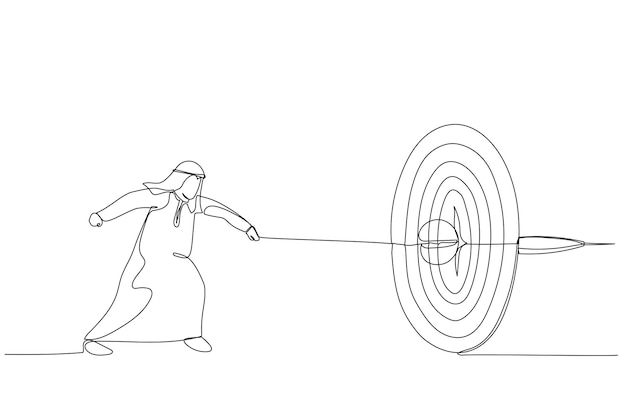 Caricatura de hombre de negocios árabe corre y lanza una lanza a un objetivo Metáfora para precisión y habilidad de propósito Estilo de arte de una línea