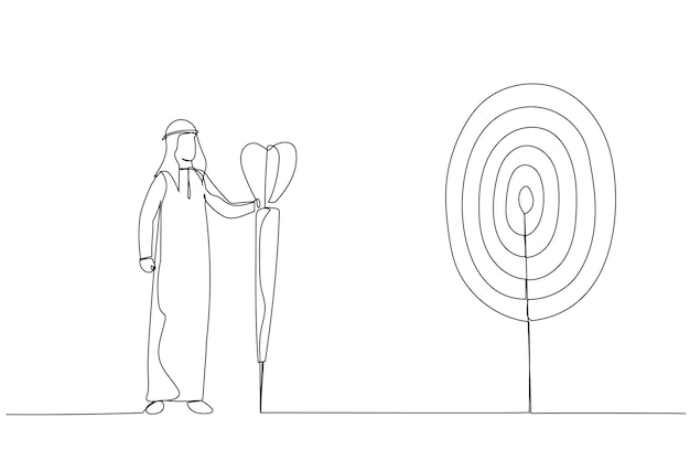 Caricatura de un hombre de negocios árabe decidido con lanza en la mano mira la metáfora objetivo para lograr el objetivo arte de estilo de una línea