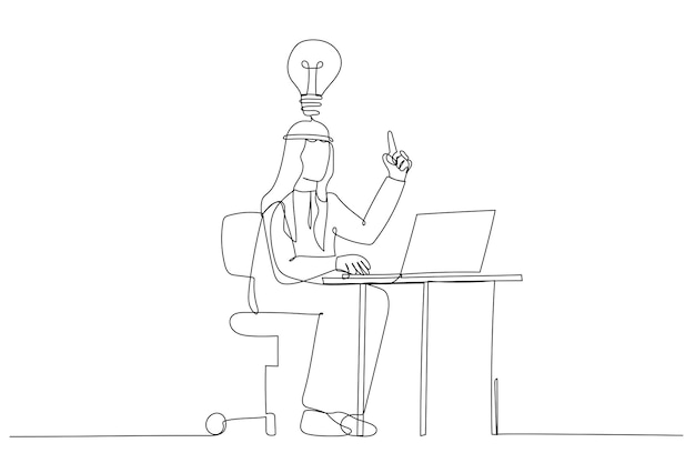 Caricatura de un hombre de negocios árabe feliz trabajando en su escritorio y creando muchas bombillas de ideas Estilo de arte de una sola línea