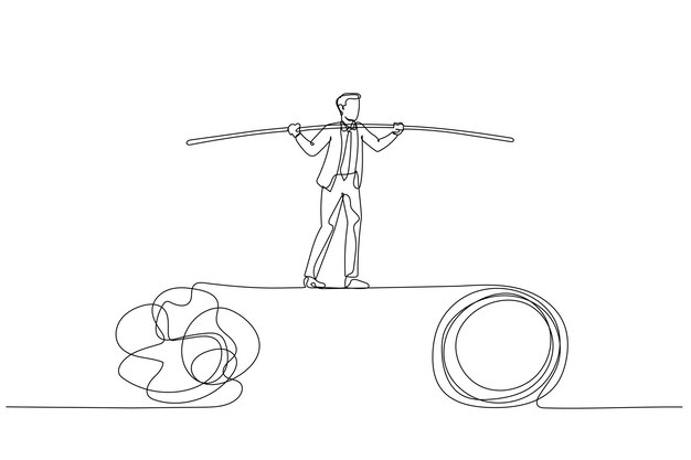 Caricatura de un hombre de negocios caminando sobre la cuerda floja equilibrando el problema Estilo de arte de una sola línea
