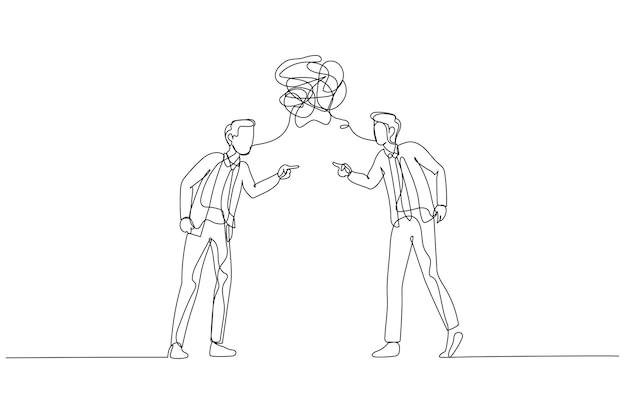 Caricatura de hombre de negocios y colega discutiendo el concepto de conflicto Un estilo de arte de línea continua
