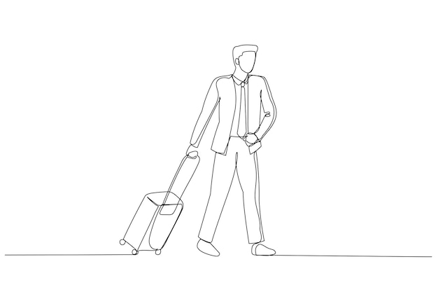Caricatura de hombre de negocios con equipaje caminando Estilo de arte de una línea