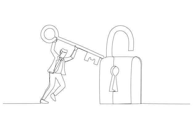 Caricatura de un hombre de negocios inteligente que sostiene una llave grande para desbloquear la almohadilla Metáfora para soluciones de resolución de problemas y accesibilidad comercial Arte de línea continua