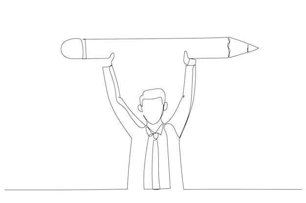 Caricatura de hombre de negocios levanta un gran concepto de lápiz de creatividad y educación Estilo de arte de una línea