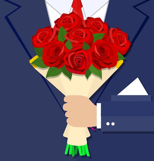 Vector caricatura, hombre de negocios, mano, tenencia, ramo, flores