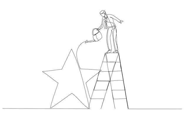Caricatura de hombre de negocios rellena el precio de la estrella dorada Metáfora de la ambición Estilo de arte de una línea