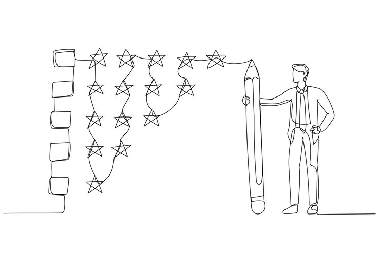 Vector caricatura de un hombre de negocios sosteniendo un lápiz para evaluar el concepto de retroalimentación estelar de retroalimentación de evaluación arte de estilo de una línea