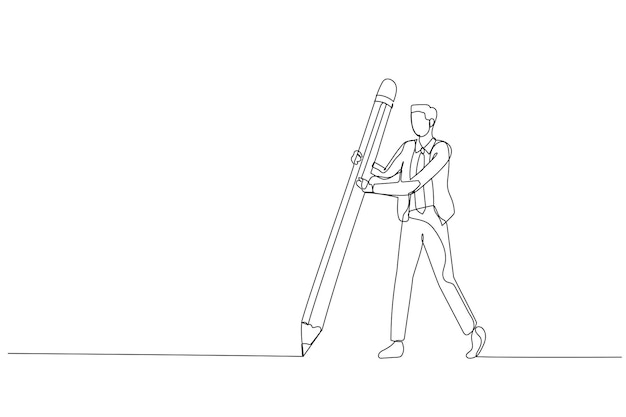 Caricatura de hombre de negocios sosteniendo un lápiz grande dibujando el concepto de línea límite de privacidad Estilo de arte de una línea