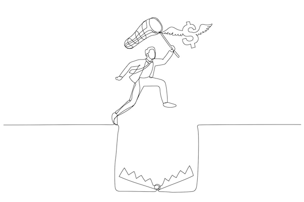 Caricatura de hombre de negocios tratando de atrapar el dólar volador saltando sobre el agujero de la trampa Un estilo de arte de línea continua