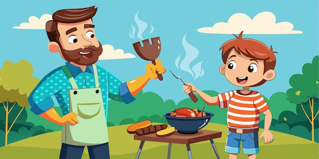 una caricatura de un hombre y un niño cocinando comida