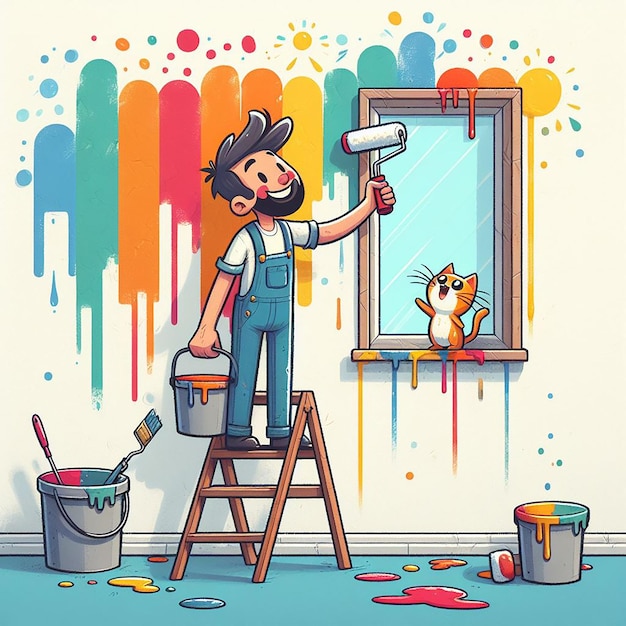 Vector caricatura de un hombre pintando una pared