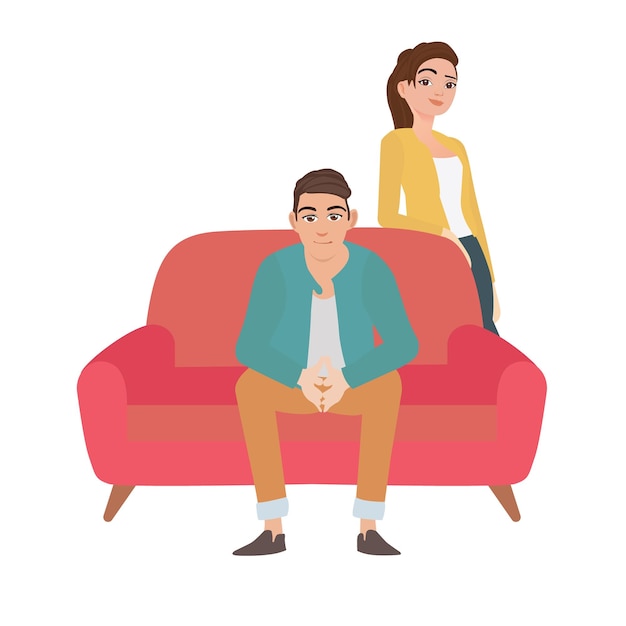 caricatura, hombre que sienta, en, sillón, y, mujer estar de pie, al lado de, él, vector, ilustración