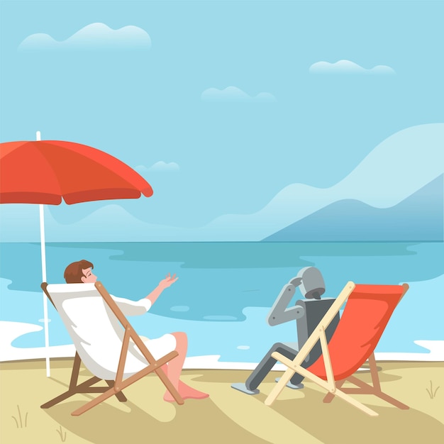 Una caricatura de un hombre y un robot sentados en una playa con una sombrilla roja
