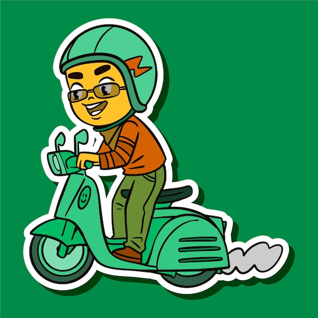 una caricatura de un hombre en un scooter con un fondo verde