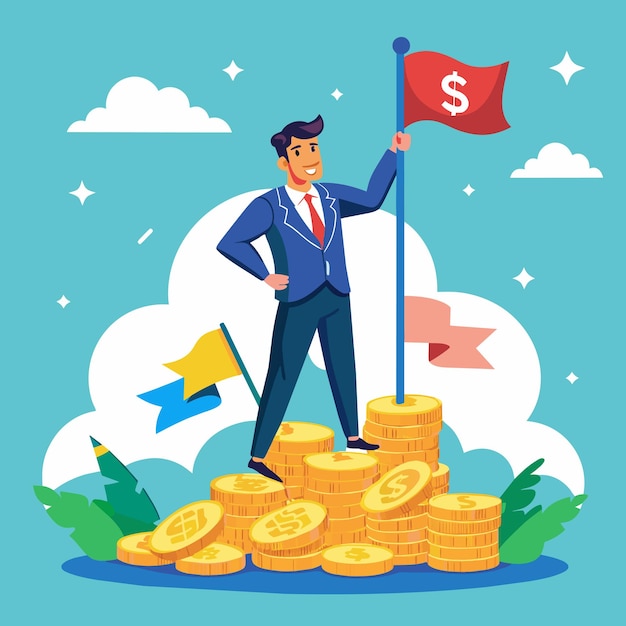 una caricatura de un hombre sosteniendo una bandera y una bandera que dice dólar