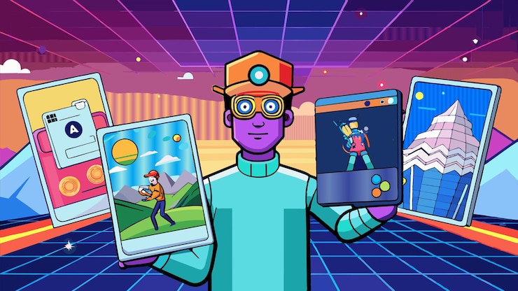 Vector una caricatura de un hombre sosteniendo una tableta y una tableta con las palabras "el juego" en ella