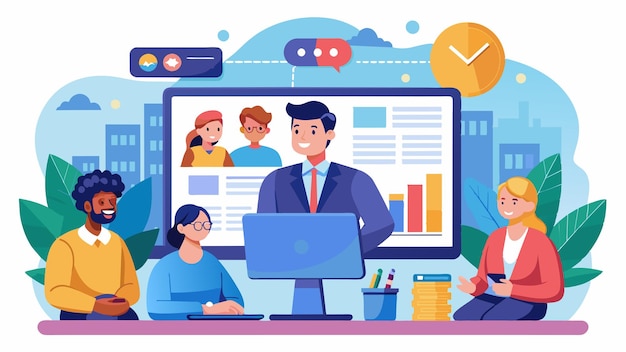 una caricatura de un hombre trabajando en una computadora con un grupo de personas frente a un monitor con un tiempo de