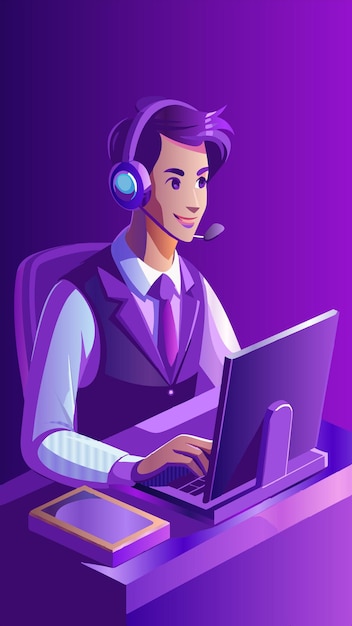 una caricatura de un hombre trabajando en una computadora con un micrófono