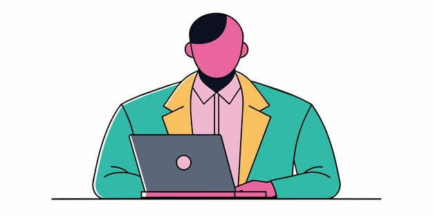 una caricatura de un hombre trabajando en una computadora portátil con una computadora portable en su regazo